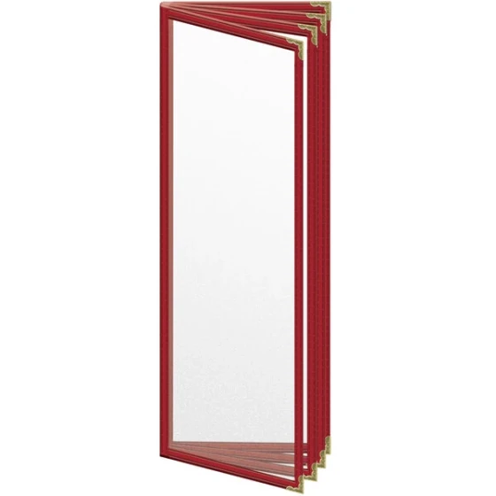 H. Risch, Inc. TEDD Deluxe Sewn 4 1/4" x 14" Red 8 View Menu Cover with Gold Decorative Corners and Matte Finish