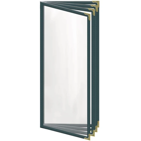 H. Risch, Inc. TEDD Deluxe Sewn 4 1/4" x 11" Green 8 View Menu Cover with Gold Decorative Corners and Gloss Finish