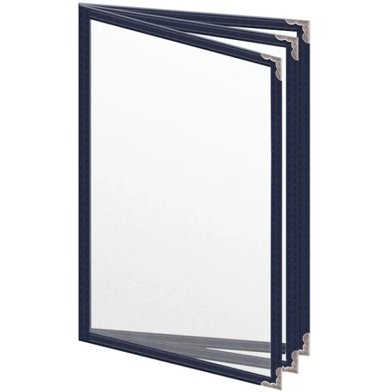 H. Risch, Inc. TETB Deluxe Sewn 5 1/2" x 8 1/2" Blue 6 View Vinyl Menu Cover with Silver Decorative Corners and Matte Finish