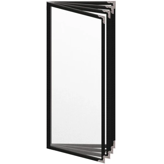 H. Risch, Inc. TEDD Deluxe Sewn 4 1/4" x 11" Black 8 View Menu Cover with Silver Decorative Corners and Matte Finish