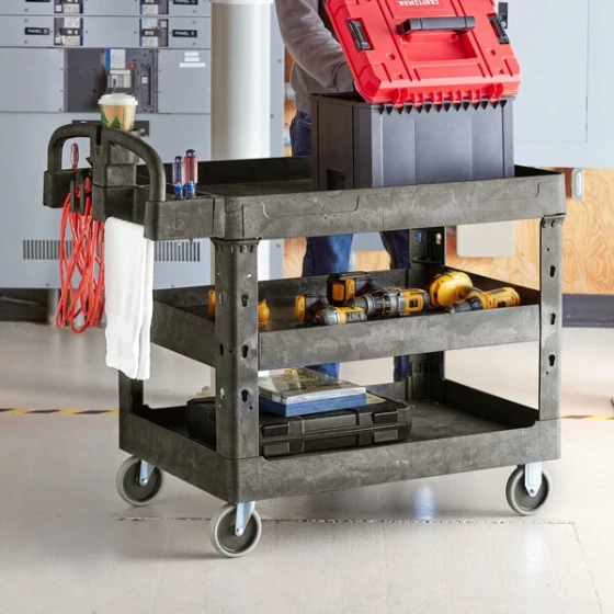 Lavex Large Black 3-Shelf Utility Cart with Ergonomic Handle and Built-In Tool Compartments - 43 1/8" x 24 5/8" x 38 1/8"