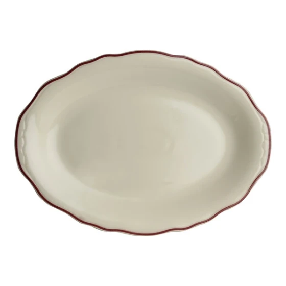 Homer Laughlin from Steelite International Styleline Maroon 12 5/8" x 9 3/4" Oval Scalloped China Platter - 12/Case