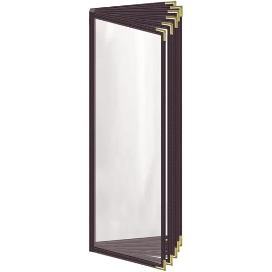 H. Risch, Inc. TE-12V Deluxe Sewn 4 1/4" x 14" Brown 12 View Vinyl Menu Cover with Gold Smooth Corners and Gloss Finish