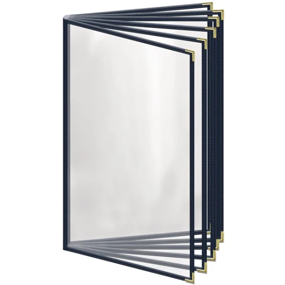 H. Risch, Inc. TE-12V Deluxe Sewn 8 1/2" x 14" Blue 12 View Vinyl Menu Cover with Gold Smooth Corners and Gloss Finish