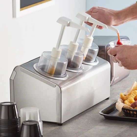 Steril-Sil 30 oz. 3-Compartment Stainless Steel Condiment Dispenser Kit with Stainless Steel Cylinders and Dome Top Pump Lids