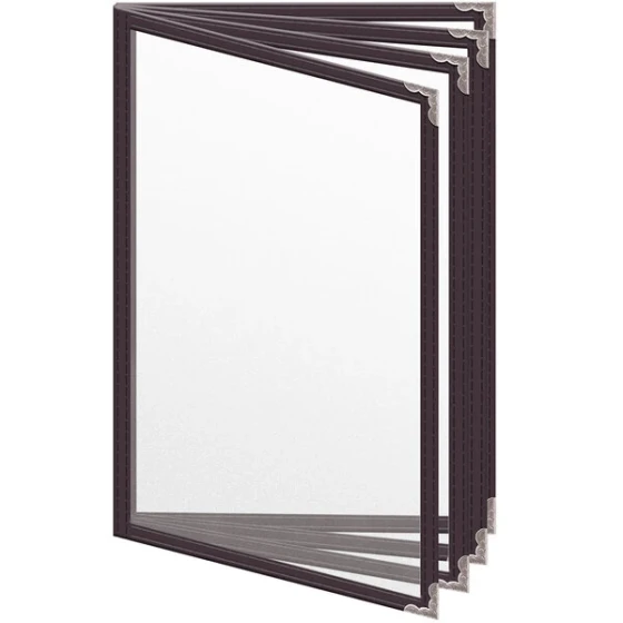 H. Risch, Inc. TEDD Deluxe Sewn 5 1/2" x 8 1/2" Brown 8 View Menu Cover with Silver Decorative Corners and Matte Finish