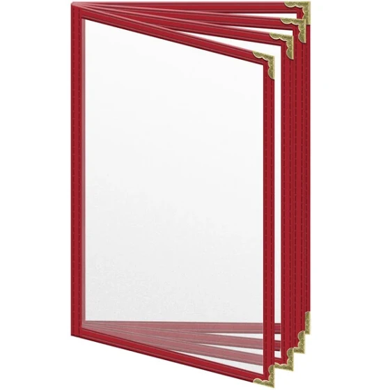 H. Risch, Inc. TEDD Deluxe Sewn 5 1/2" x 8 1/2" Red 8 View Menu Cover with Gold Decorative Corners and Matte Finish