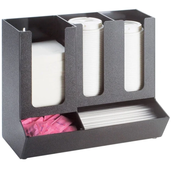Cal-Mil 1013 Classic Black 3-Section Countertop Cup and Lid Organizer with Straw and Condiment Compartments