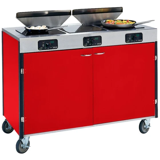 Lakeside 2085RD Creation Express™ Mobile Cooking Cart with 3 Induction Burners, 2 Filtration Units, and Red Laminate Finish - 22" x 48" x 40 1/2"