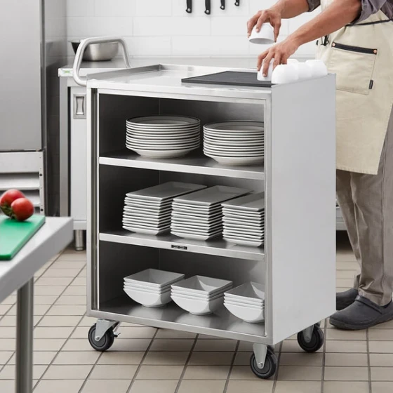 Regency 18" x 30" Four Shelf 18-Gauge 304 Stainless Steel Utility Cart with Enclosed Base and Open Front