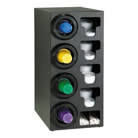 Dispense-Rite Black Polystyrene One-Size-Fits-All Left Side 4-Compartment Cup Dispenser with Built-In Lid and Straw Organizer STL-C-4LBT