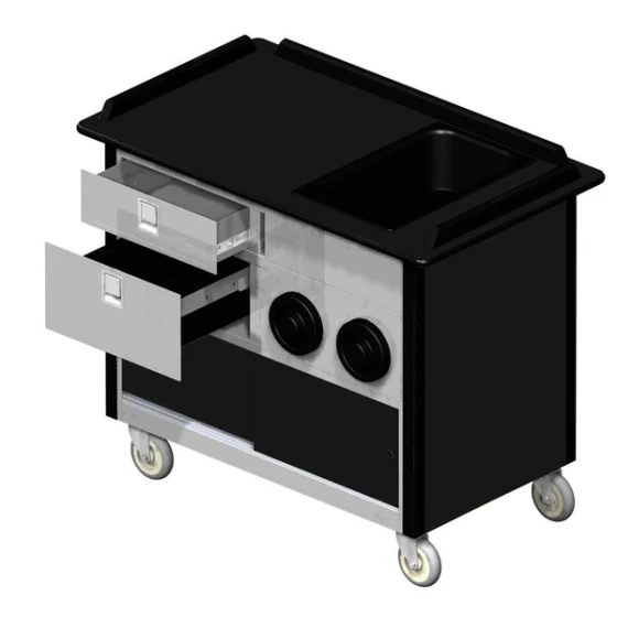 Lakeside 69010B Stainless Steel Beverage Service Cart with 2 Drawers, 2 Cup Dispensers, and Black Laminate Finish - 26" x 44 1/2" x 37 3/4"
