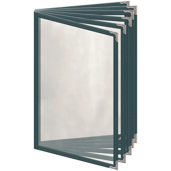 H. Risch, Inc. TE-12V Deluxe Sewn 5 1/2" x 8 1/2" Green 12 View Vinyl Menu Cover with Silver Decorative Corners and Gloss Finish