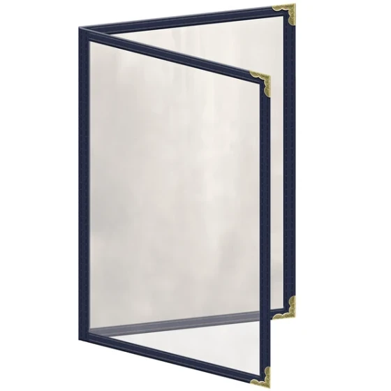 H. Risch, Inc. TED Deluxe Sewn 5 1/2" x 8 1/2" Blue 4 View Menu Cover with Gold Decorative Corners and Gloss Finish