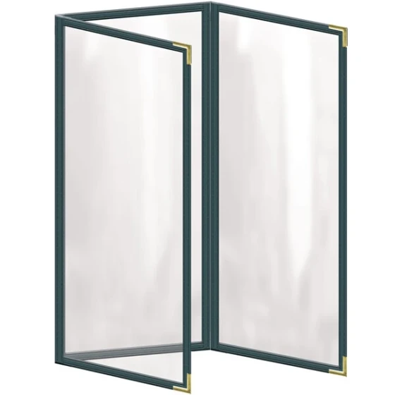 H. Risch, Inc. TET Deluxe Sewn 4 1/4" x 11" Green 6 View Foldout Vinyl Menu Cover With Gold Smooth Corners and Gloss Finish