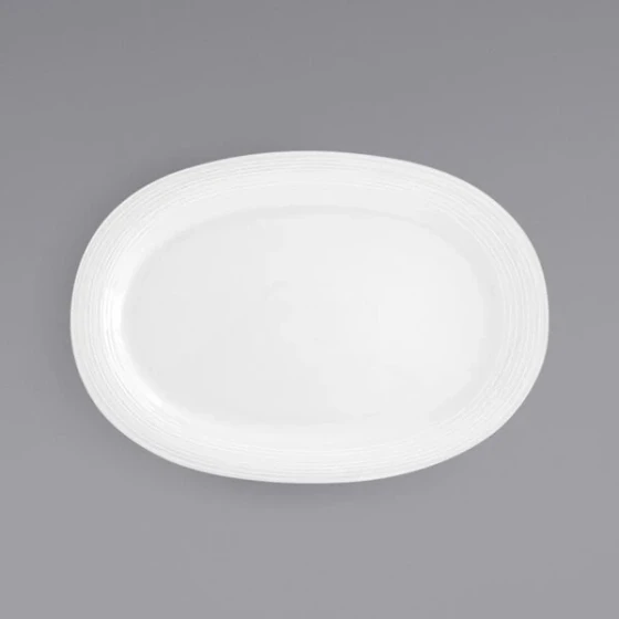 Front of the House Spiral 14" x 9 3/4" White Oval Porcelain Platter - 6/Case