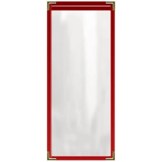 H. Risch, Inc. TES Deluxe Sewn 4 1/4" x 11" Red 2 View Vinyl Menu Cover with Gold Decorative Corners and Matte Finish
