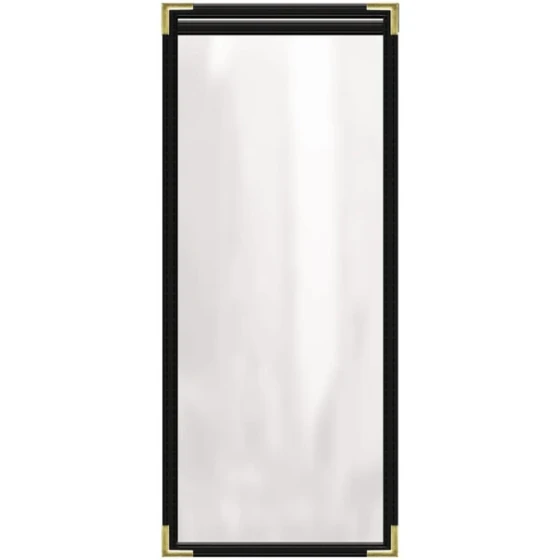 H. Risch, Inc. TES Deluxe Sewn 4 1/4" x 11" Black 2 View Vinyl Menu Cover with Gold Smooth Corners and Gloss Finish