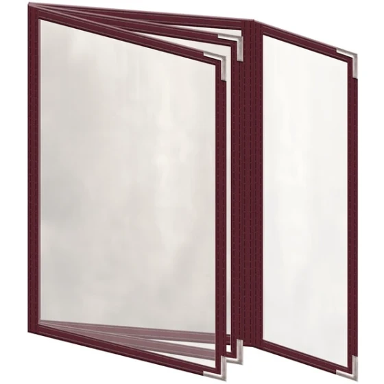 H. Risch, Inc. TETBQ Deluxe Sewn 5 1/2" x 8 1/2" Maroon 8 View Vinyl Menu Cover with Silver Smooth Corners and Gloss Finish