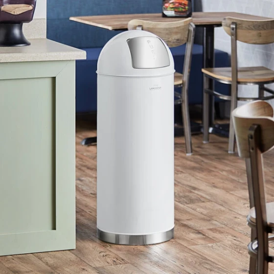 Lancaster Table & Seating 15 Gallon White Powder-Coated Metal Round Decorative Trash Can with Push Door Lid