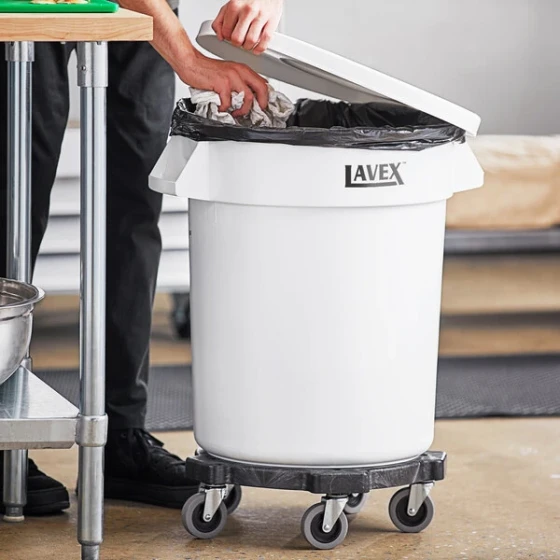 Lavex 20 Gallon White Round Commercial Trash Can with Lid and Dolly