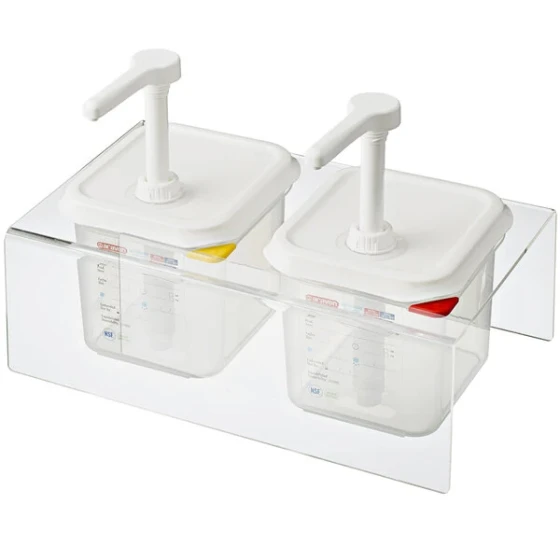 Araven 01361 5.4 Qt. Translucent Condiment Pump Dispenser and Clear Holder with (2) 1 oz. Pumps and Airtight Lids