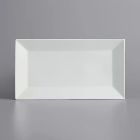 International Tableware Slope 14 1/2" x 8 1/4" Rectangular Bright White Wide Rim Porcelain Platter - 12/Case