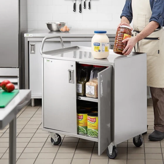Regency 21" x 33" Three Shelf 18-Gauge 304 Stainless Steel Utility Cart with Enclosed Base and Locking Doors