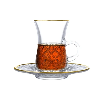 Vague 12 Piece Tea Cups & Saucers Set with Gold Rim Crystal