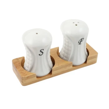Porcelain Salt & Pepper Shakers Set with Bamboo Holder