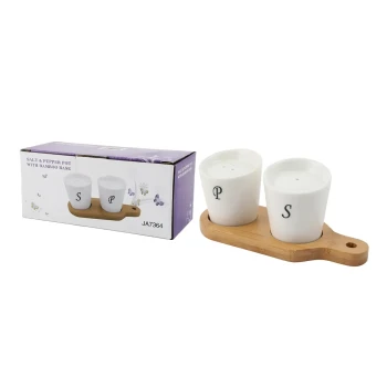 Porcelain Salt & Pepper Shakers Set with Bamboo Base