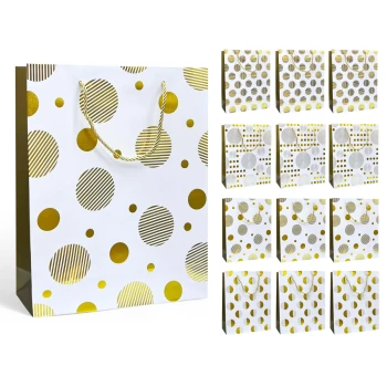 Pack of 12 Assorted Design Paper Bags, Birthday Gift Bags - 3 Sizes Available