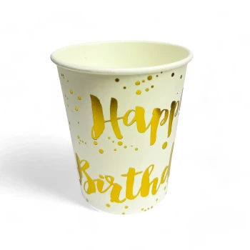 6-Pieces 9oz Disposable Happy Birthday Paper Cups, White & Gold