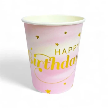 6-Pieces 9oz Disposable Happy Birthday Paper Cups - Gradient Pink