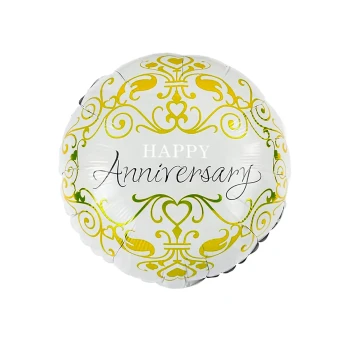 1pc 18″ Round Happy Anniversary Foil Balloon, White & Gold