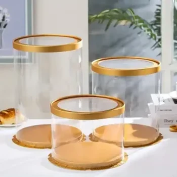 Gold Colour Round Clear Lid Tall Cake Box 22cm X 22cm x 17cm