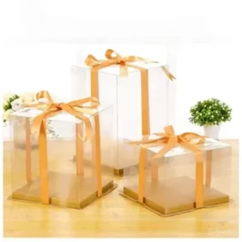 Gold Colour Square Clear Lid Tall Cake Box 26cm X 26cm x 18cm