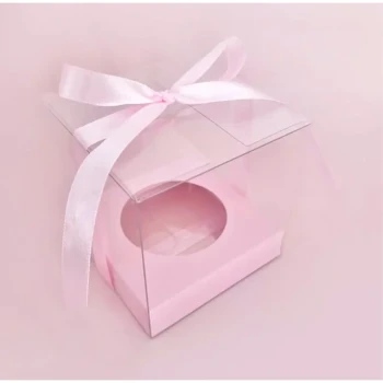 Pink Colour Base Mini Transparent Clear Lid Single Cavity Cupcake Box with Ribbon