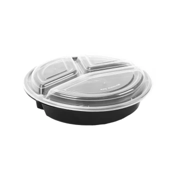 Black Base Round 3-Compartment 48 oz Container with Lids | 150 Pieces