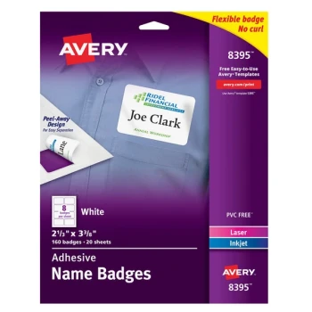 Avery® 08395 2 1/3" x 3 3/8" Matte White Removable Flexible Adhesive Printable Name Badge Label - 160/Pack
