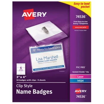 Avery® 74536 4" x 3" White Landscape Printable Clip Style Name Badge with Flexible Holder - 50/Box