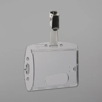 Durable 800519 3 3/8" x 2 1/8" Clear Acrylic Horizontal / Vertical Clip Badge Holder with Rotating Strap Clip - 25/Pack