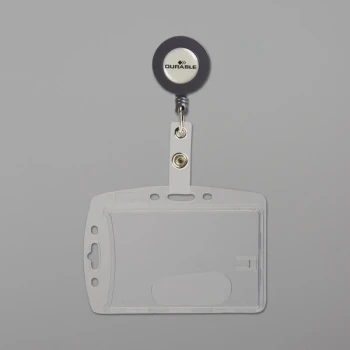 Durable 801219 3 3/8" x 2 1/8" Clear Acrylic Horizontal / Vertical Clip Badge Holder with Badge Reel - 10/Pack