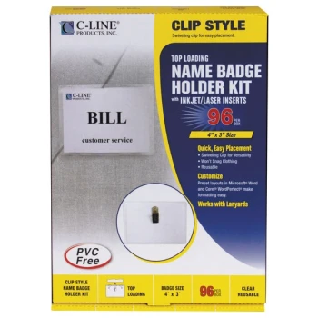 C-Line Products 95596 4" x 3" Clear Top Load Clip-On Name Badge Holder Kit with Inserts
