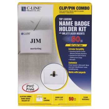 C-Line Products 95723 3 1/2" x 2 1/4" Clear Top Load Clip-On / Pin Name Badge Holder Kit with Inserts