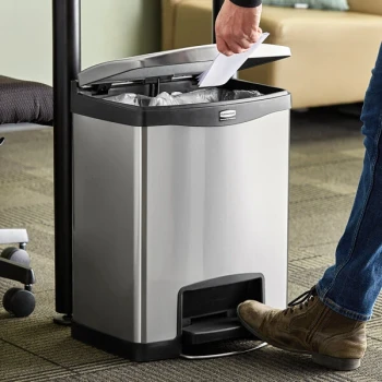 Rubbermaid® 1901985 Slim Jim Stainless Steel Black Accent Rectangular Front Step-On Trash Can with Single Rigid Plastic Liner - 8 Gallon
