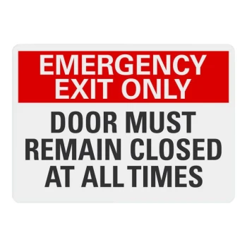 Lavex 14" x 10" White Engineer-Grade Reflective Adhesive Vinyl "Emergency Exit Only / Door Must Remain Closed At All Times" Label