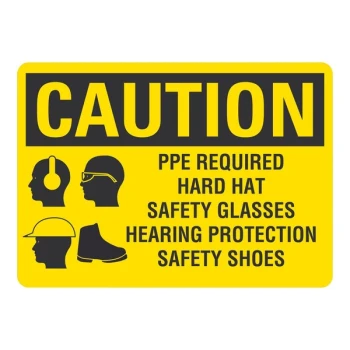 Lavex 10" x 7" Non-Reflective Aluminum "Caution / PPE Required / Hard Hat / Safety Glasses / Hearing Protection / Safety Shoes" Safety Sign
