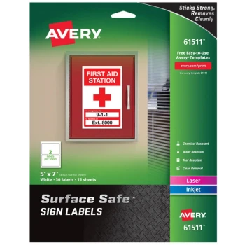 Avery® 61511 Surface Safe 5" x 7" Rectangle Water and Chemical Resistant Sign Labels - 30/Pack