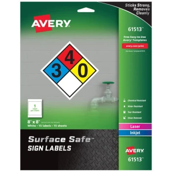 Avery® 61513 Surface Safe 8" x 8" Square Water and Chemical Resistant Sign Labels - 15/Pack